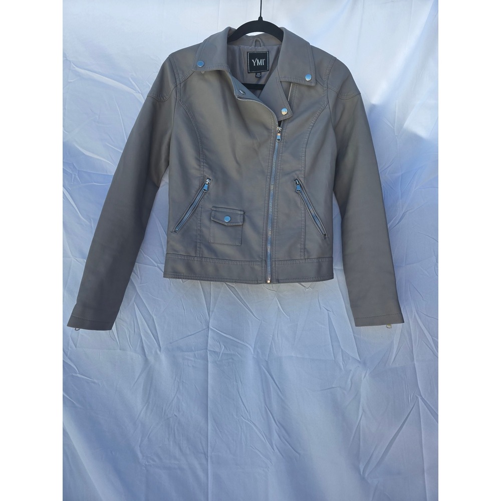 YMI Womens Faux Leather Moto Jacket Taupe Gray Small Asymmetrical Zip Biker Coat
